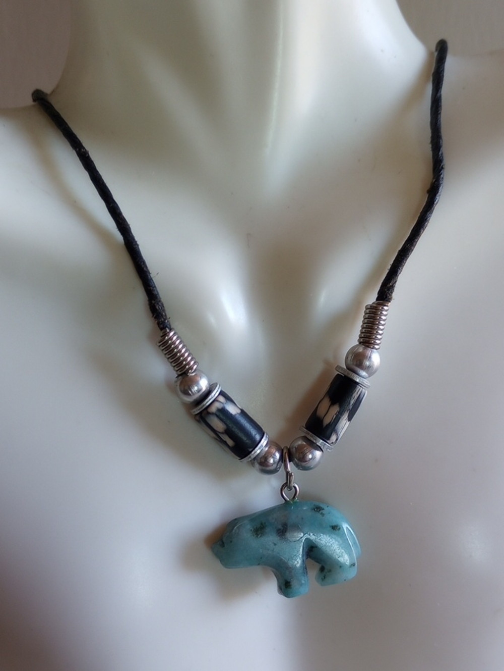 ZUNI Hand Carved Green Aventurin Lucky Bear Pendant Black Leather Cord  18" Long